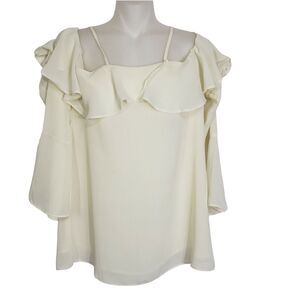 Plush Boutique Top Blouse Women Small Ivory Off Shoulder Long Bell Sleeve Ruffle